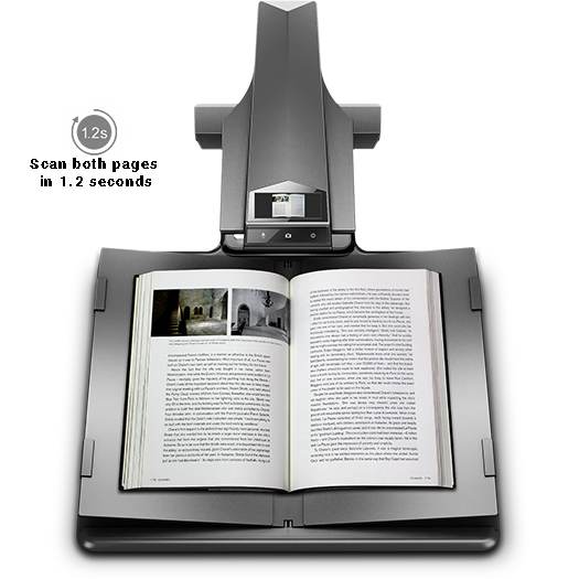 The CZUR M3000 Pro V2 book scanner can scan both pages of a book in 1.52 seconds.